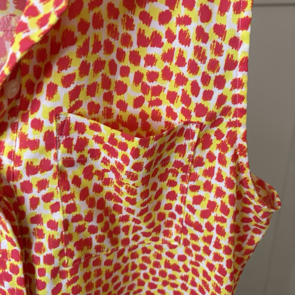 Ann Taylor Sleeveless Medium Yellow Red Print Collared Pocket Top Casual Bright - Picture 7 of 8